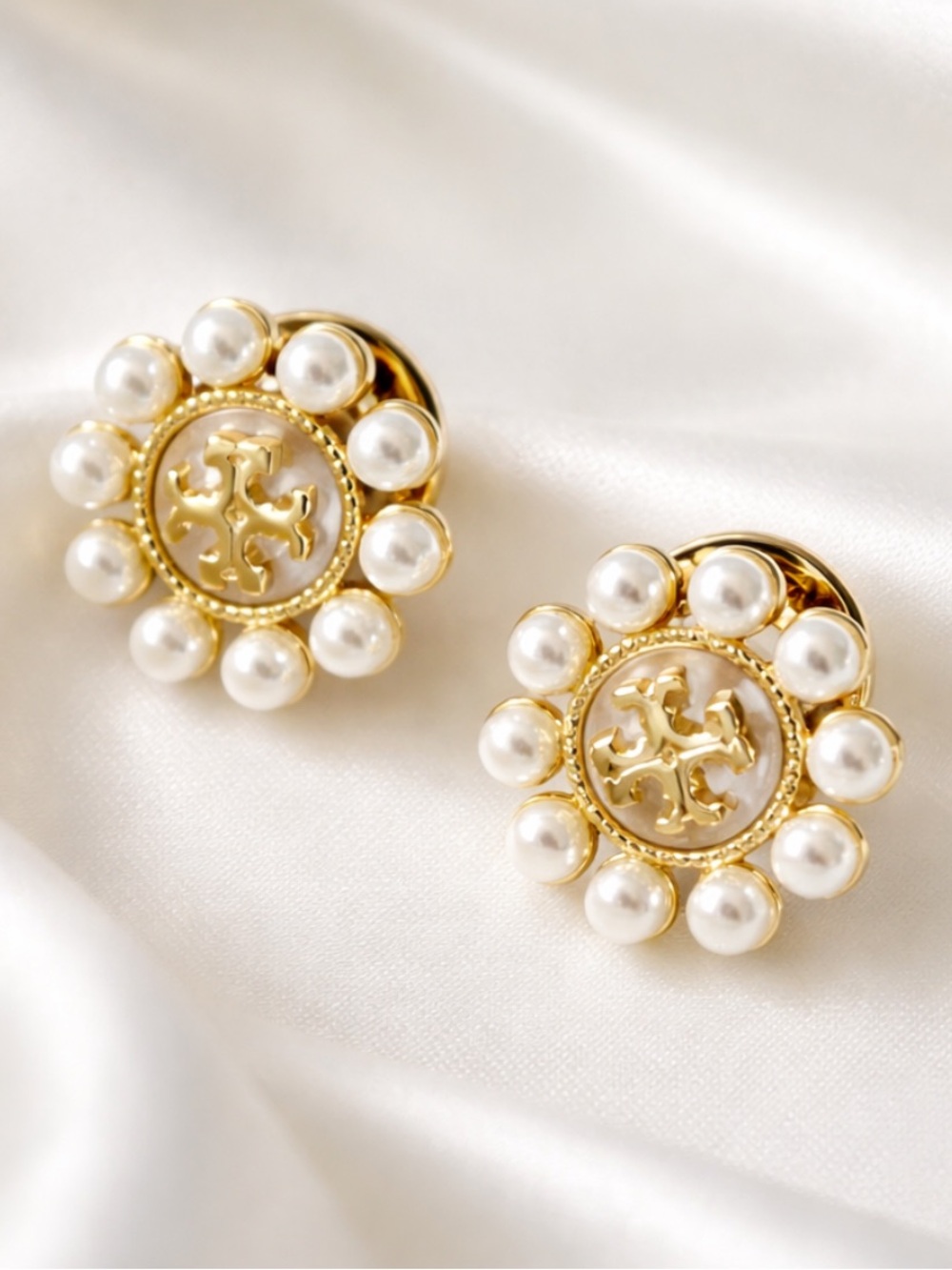 Tory Burch Gold and Pearl Medallion Stud Earrings